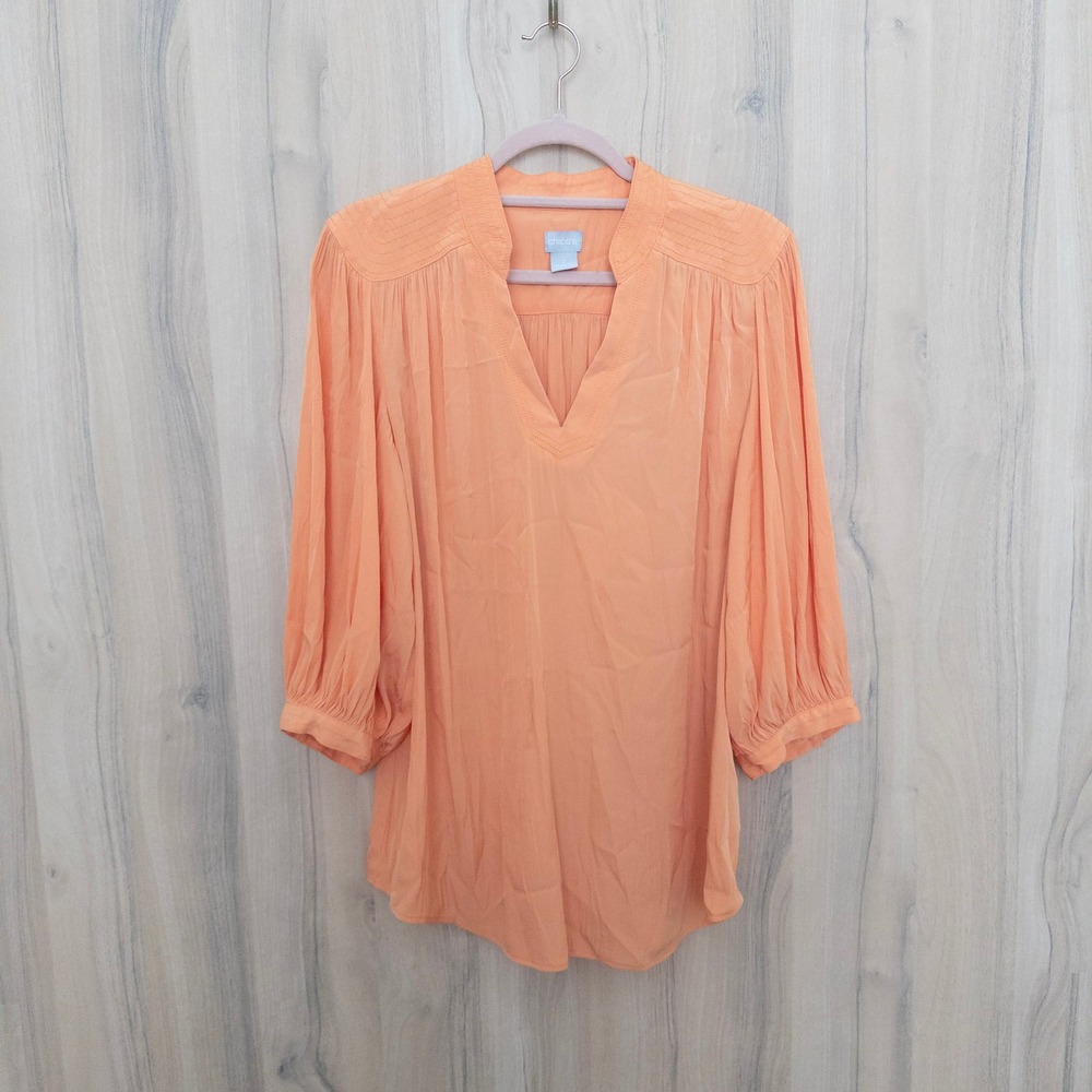 Chico's Womens Blouse L 12/14 Orange V-Neck Pleated Lightweight Boho Peasant